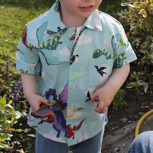 May include: A light blue button-up shirt and denim pants. The shirt features a dragon and cloud pattern. The denim pants have pirate-themed patches on the knees. The child is holding toy cars.
