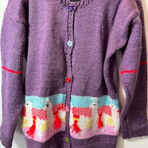 Knitted  cardigan for a 5-6 year girl with Alpaca design. Animal cardigan, gift idea, acrylic and wool mix. Purple with multicolour inserts.