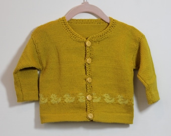 Cosy knitted cardigan for a 3-6 m baby. Yellow cardigan, yellow duckling, Shower gift ,gift idea.