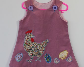 Cute Farm animal pinafore for a 1-2  year old. Hens , chicks and eggs. Gift idea,for layering dress under. Mid season garment.