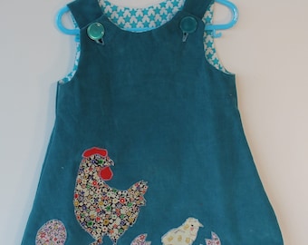 Cute Farm animal pinafore for a 1-2   year old. Hens , chicks and eggs. Gift idea,for layering dress under. Mid season garment.