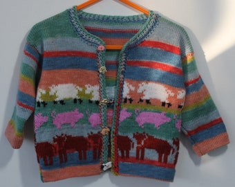 Cosy farm animal  cardigan /jacket for a 6 mth to 1 yr old. Pig, cow and sheep, repeat pattern , fairisle style, gift idea.