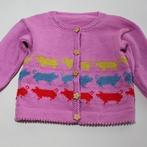 Pink piggie fun cardigan for a 2 year old girl. Knitted jacket, gift idea, Spring to summer cardigan.