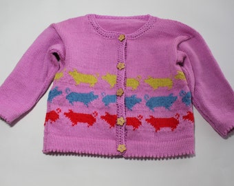 Pink piggie fun cardigan for a 2 year old girl. Peppa pig, knitted jacket, gift idea, Spring to summer cardigan.