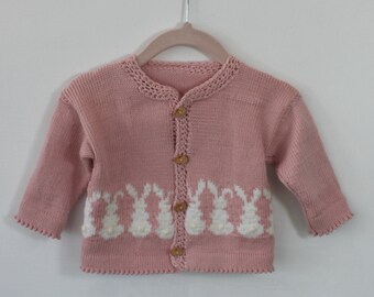 Cashmerino pink bunny cardigan for a 3-6 mth baby girl, shower gift, gift idea.