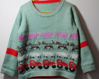 Farm yard animals jumper for a 3-4 year old. Sheep, pigs, sheep dog and tractor . Gift idea.