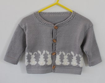 Cute rabbit knitted cardigan for a 3-6 month baby . Gift idea, white bunnies, shower gift.