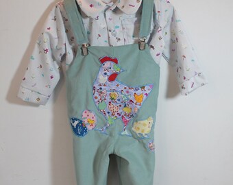 Unisex vintage style, duck egg soft cord dungarees  for an 18 mth year old. Farm animals, hens , chicks and eggs, gift idea. Easter gift.