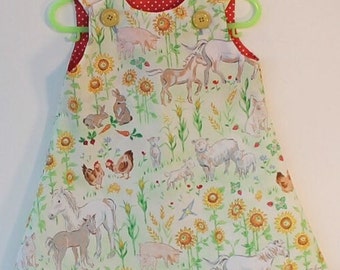 Cute Farm animal pinafore fore a 2-3 year old. Gift idea, layering dress or sundress. Spring to summer dress. Gift idea.