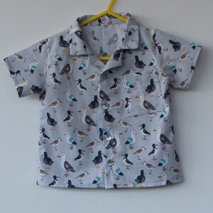 May include: A gray short-sleeved button-up shirt with a pattern of colorful seagulls.