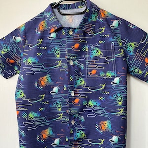 Supercool gaming button down skateboard shirt for a 9 -10 year old boy. Gift idea, Party shirt, wedding.