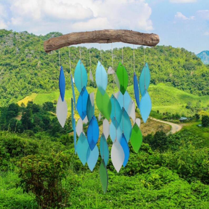 Wind Chimes Glass Chime Garden Outdoor Decor Rainbow Free Driftwood Sea Blue Sandblasted Bell Ship Patio Gift