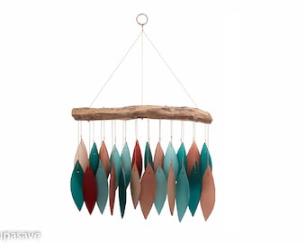 Carillon éolien en verre sablé et bois flotté corail et bleu sarcelle - Capteur de soleil intérieur/extérieur fabriqué à la main