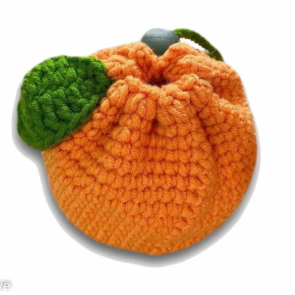 Cute Tangerine-Shaped Crochet Drawstring Bag: Mini Handwoven Cotton Handbag, Coin Purse Pouch , Handmade Gift for Women and Girls