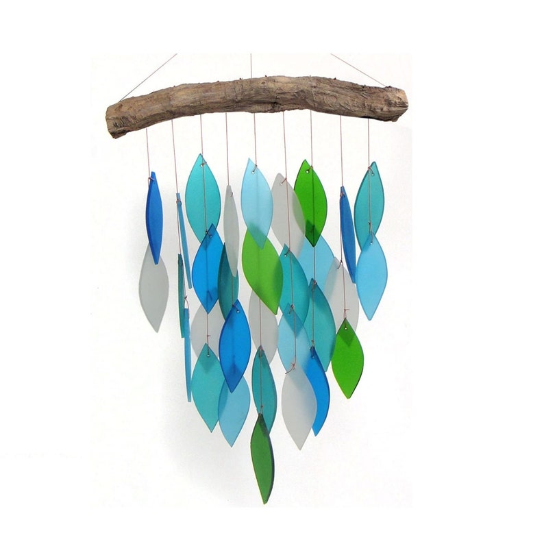 Wind Chimes Glass Chime Garden Outdoor Decor Rainbow Free Driftwood Sea Blue Sandblasted Bell Ship Patio Gift