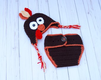 Baby Turkey Costume - Crochet Knitted Hat & Diaper Cover Photography Prop For 0-3 Months