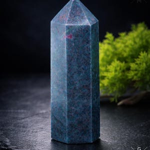 Può includere: Un obelisco di pietra preziosa blu-verde sfaccettato con inclusioni rosse. Il cristallo ha una parte superiore appuntita e una base esagonale. Lo sfondo è scuro, con una piccola pianta verde visibile a destra. L'obelisco è in posizione verticale.