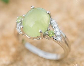 Natural Prehnite Peridot & white CZ 925 Sterling Silver Green Gemstone Ring 7.5