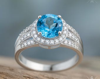Swiss Blue Topaz, Sterling Silver Statement Ring, Blue Gemstone Jewelry, December Birthstone, Size 8