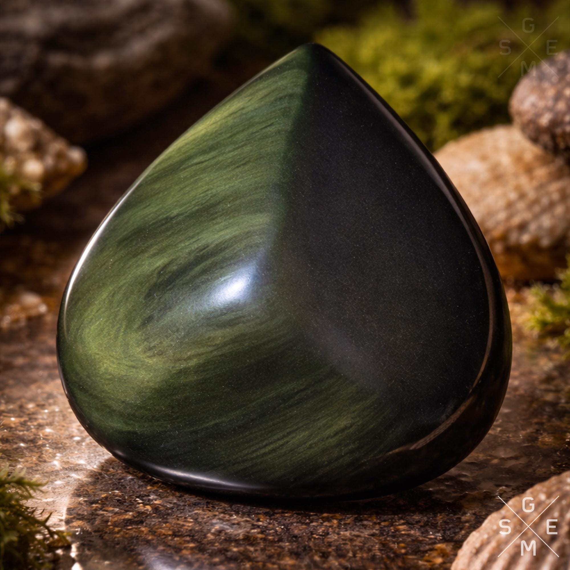 マヤの黒曜石クリスタル、天然研磨三角形、黒と黄緑（懐中電灯の下