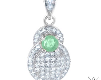 Emerald Pendant Necklace Natural Green Gemstone & white CZ 925 Sterling Silver White Gold Plated Emerald Charms