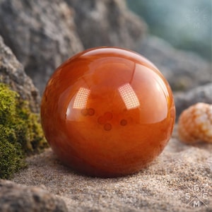 Puede incluir: Una esfera grande, brillante, de color marrón anaranjado descansa sobre arena, reflejando la luz. La esfera tiene una superficie lisa con sutiles variaciones de color y pequeñas manchas oscuras. Un objeto pequeño y claro está en el fondo.