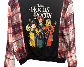 Upcycled Hocus Pocus Flannel Sleeve Sweatshirt | Disney Reworked Crewneck | Fall Halloween Backstory Shirt | Size Small |