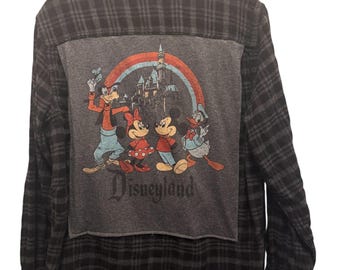 Upcycled Disneyland Flannel | Vintage Disney Reworked Shirt | Mickey & Friends Plaid Backstory Shacket | One of a Kind | Small