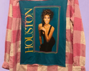 Upcycled Whitney Houston Flannel | Vintage Reworked Plaid Backstory Shirt | Pink & Cream Oversized Shacket | One of a Kind | size medium