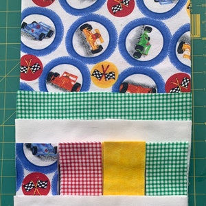 Baby Boy Precut Flannel Quilt Top Kit, Race Cars, Red, Green, Blue and Yellow, Beginner Quick and Easy Strip Quilt Top Kit