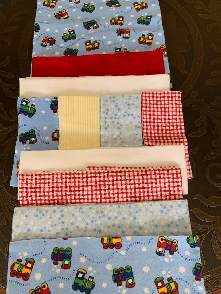 Baby Boy Precut Flannel Quilt Top Kit, Primary Color Train Flannel