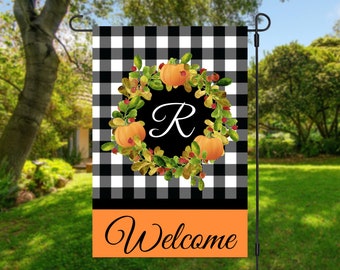 Personalized Fall Garden Flag, Garden Decor, Housewarming Gift, Black and White Buffalo Plaid Flag, Pumpkins