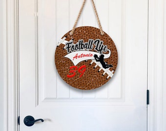 Football Life Design, Round Door/Wall Hanger, Football Door Hanger Personalized, Kids Room Wall Hanging, Home Decor