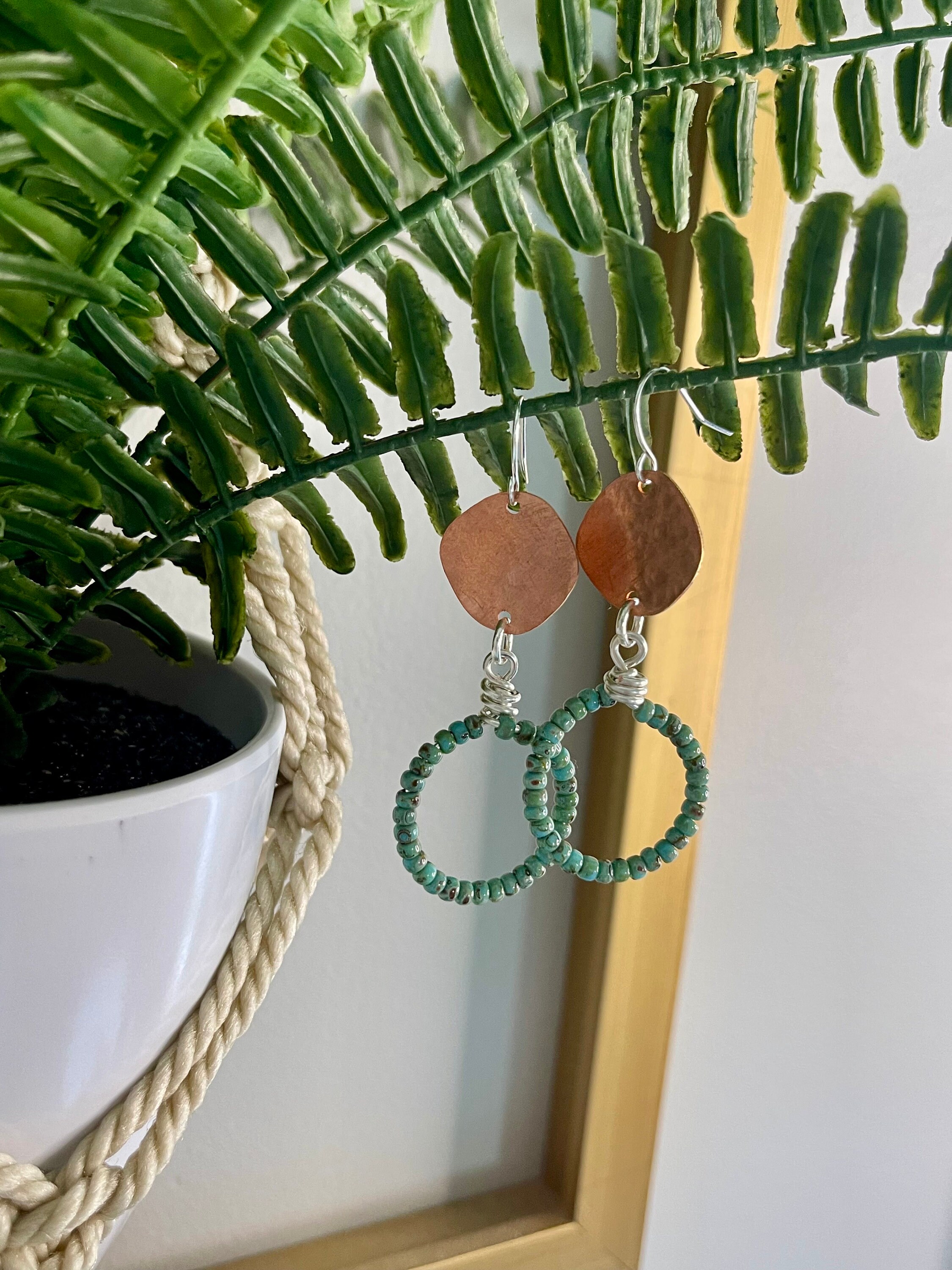 Hammered copper earrings with turquoise glass beads