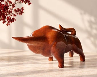 Hand-Carved Wooden Bull Figurine