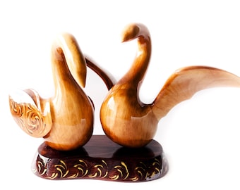 Hand Carved Wood Swans Statue: Ash Tree Couple Figurine