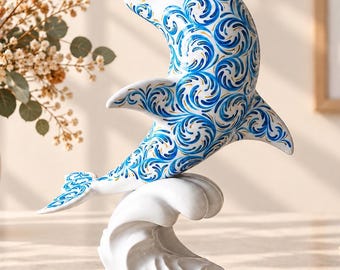 Hand-Carved Wooden Dolphin Figurine with White and Blue Painted Pattern