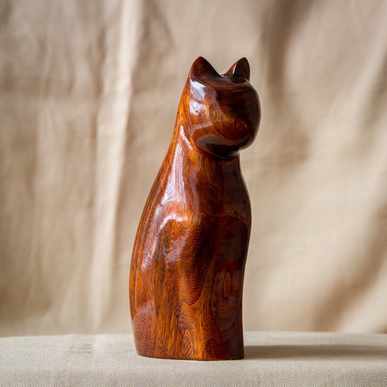 Wooden Cat Statue Wooden Cat Figurine Wood Carving Hand Etsy