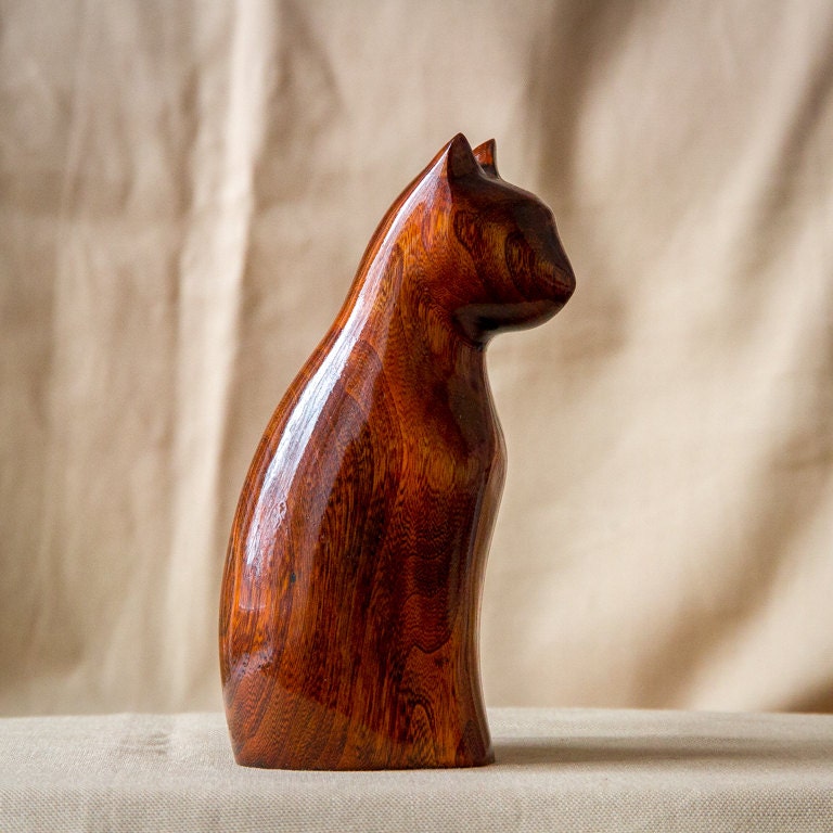 Wooden Cat Statue Wooden Cat Figurine Wood Carving Hand Etsy
