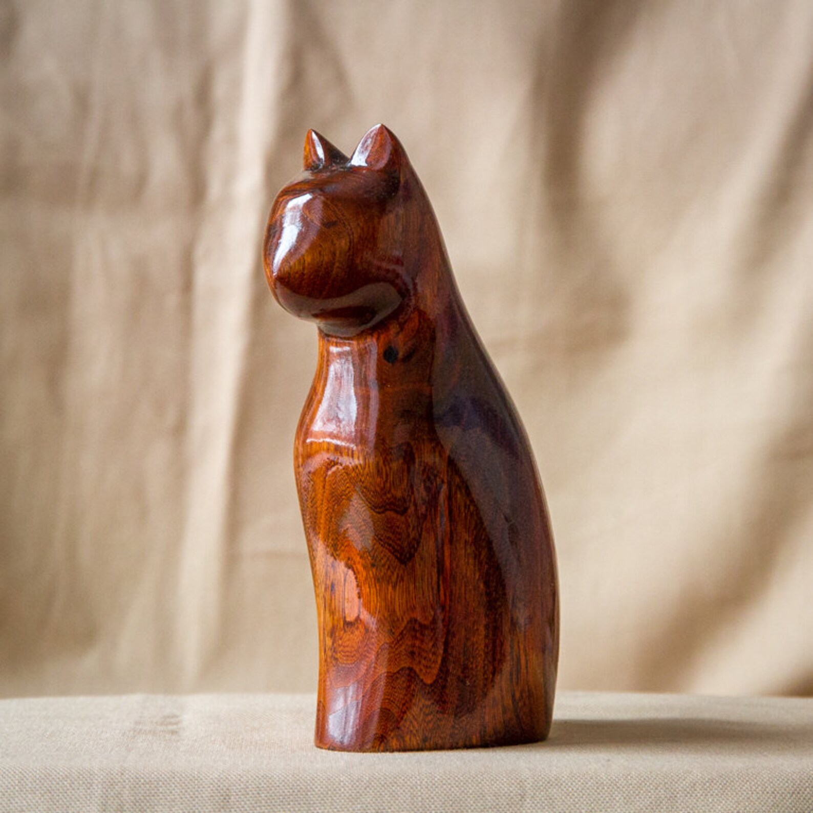 Wooden Cat Statue Wooden Cat Figurine Wood Carving Hand Etsy