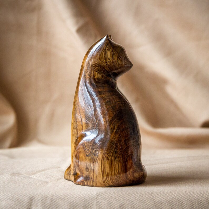 Wooden Cat Statue Wooden Cat Figurine Wood Carving Hand Etsy
