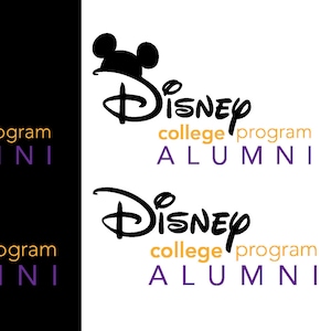 May include: Black and white logo with the word "Disney" in a stylized font. The text "college program" is in orange and "ALUMNI" is in purple. The logo is repeated twice.