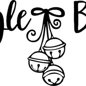 May include: Black and white illustration of the phrase "Jingle Bells" with a bow and three bells hanging from it.