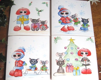 Lovely Christmas Cards set of 4, Season Geetings Cards, Watercolour Illustration, Cute Christmas cards, Illustrated Cards, Cute Cards