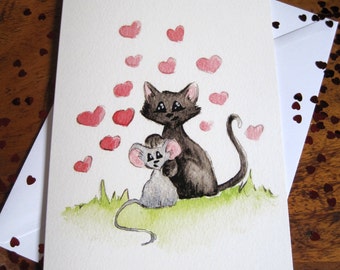 Cat and Mouse card, Mothers day card, Greetings card, Birthday card, Hearts card, Love card, Cute card, Romantic card, Illustrated Card