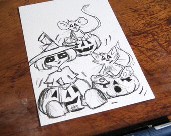 whimsical illustration, pumpkin head postcard art, original drawing, halloween illustration