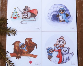 Christmas cards set of 4, Cute Animal Christmas cards, Festive greetings cards, Animal Christmas cards, Illustrated Cards, Christmas cards