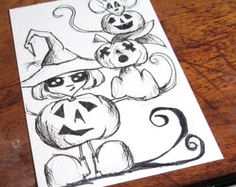 pumpkin head postcard, art original drawing, halloween illustration