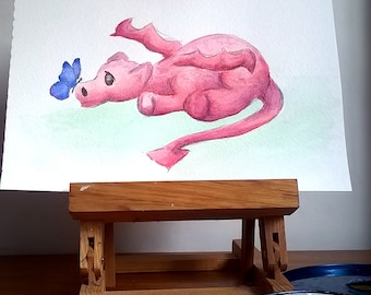 Süßer Drache Original Aquarell-Malerei, Fantasy Kreatur, wunderliche Dragon Malerei, Kinderzimmer Zimmer Kunst,