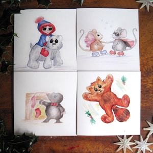 Cartes de Noël mignon Animal, paquet de 4 cartes de Noël Illustration aquarelle, cartes de Noël mignons, Animal, illustré de cartes, cartes mignon